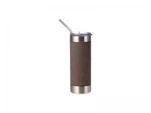 Laserable Blanks 20oz/600ml PU Leather Sleeve Stainless Steel Skinny Tumbler(Gray Brown/Silver)